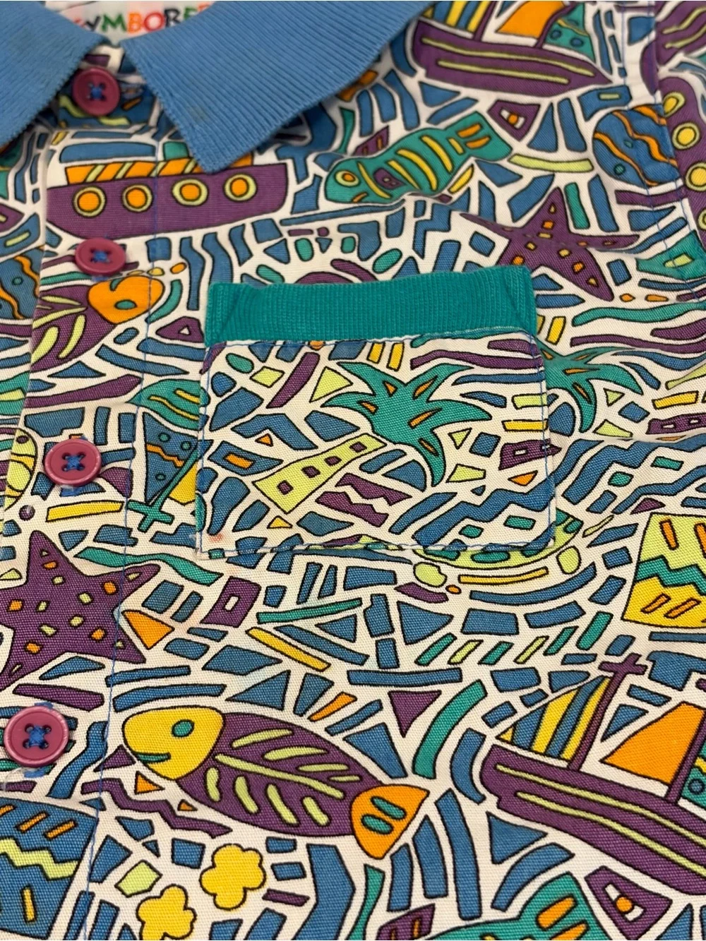 VTG Gymboree Multicolor Ocean Print Polo with Blue Collar and Yellow Cuffs